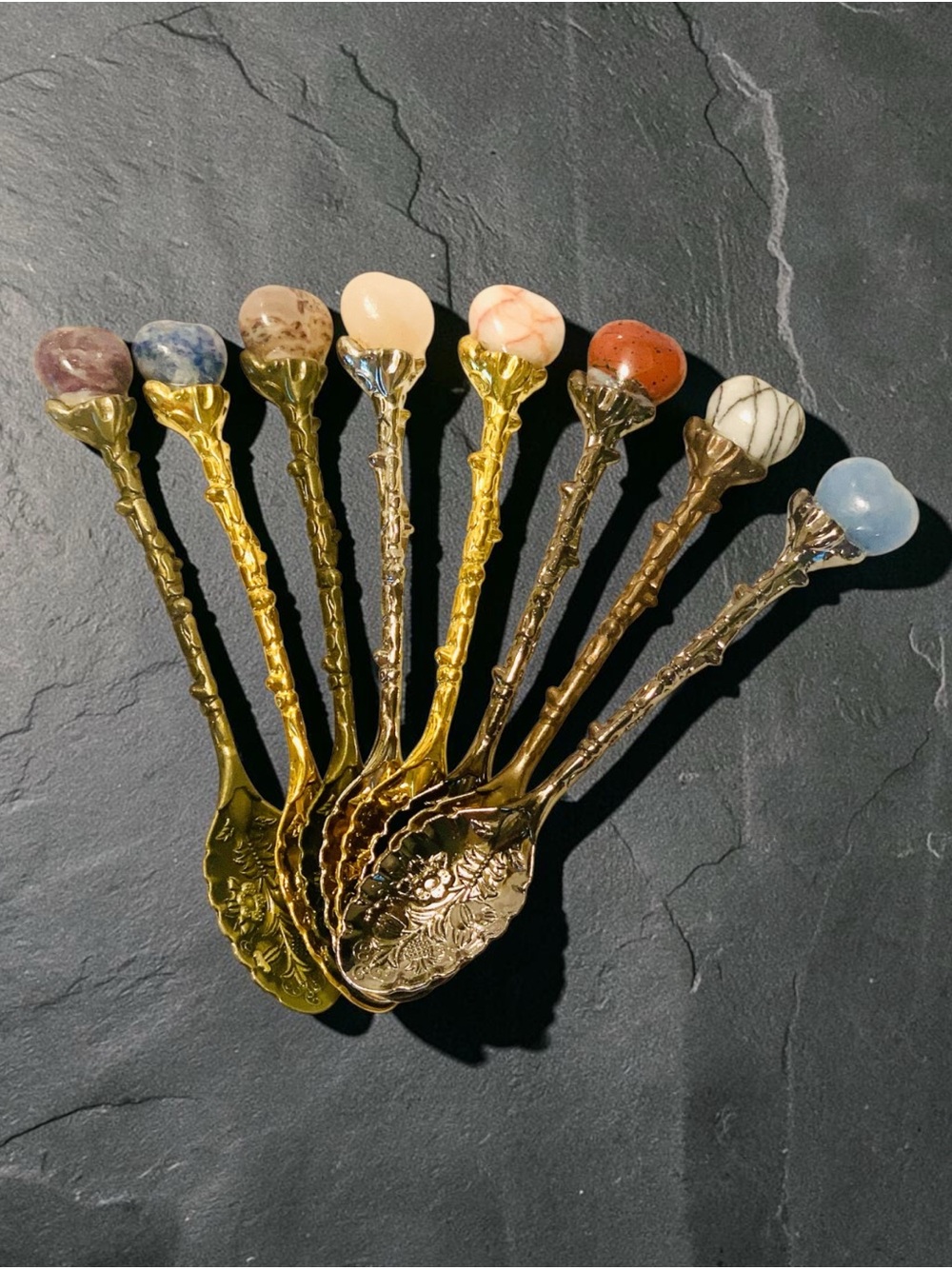 Ornate Decorative Assorted Metal & Heart Stone-Top Dessert Spoons. Hand tooled. - Picture 5 of 5